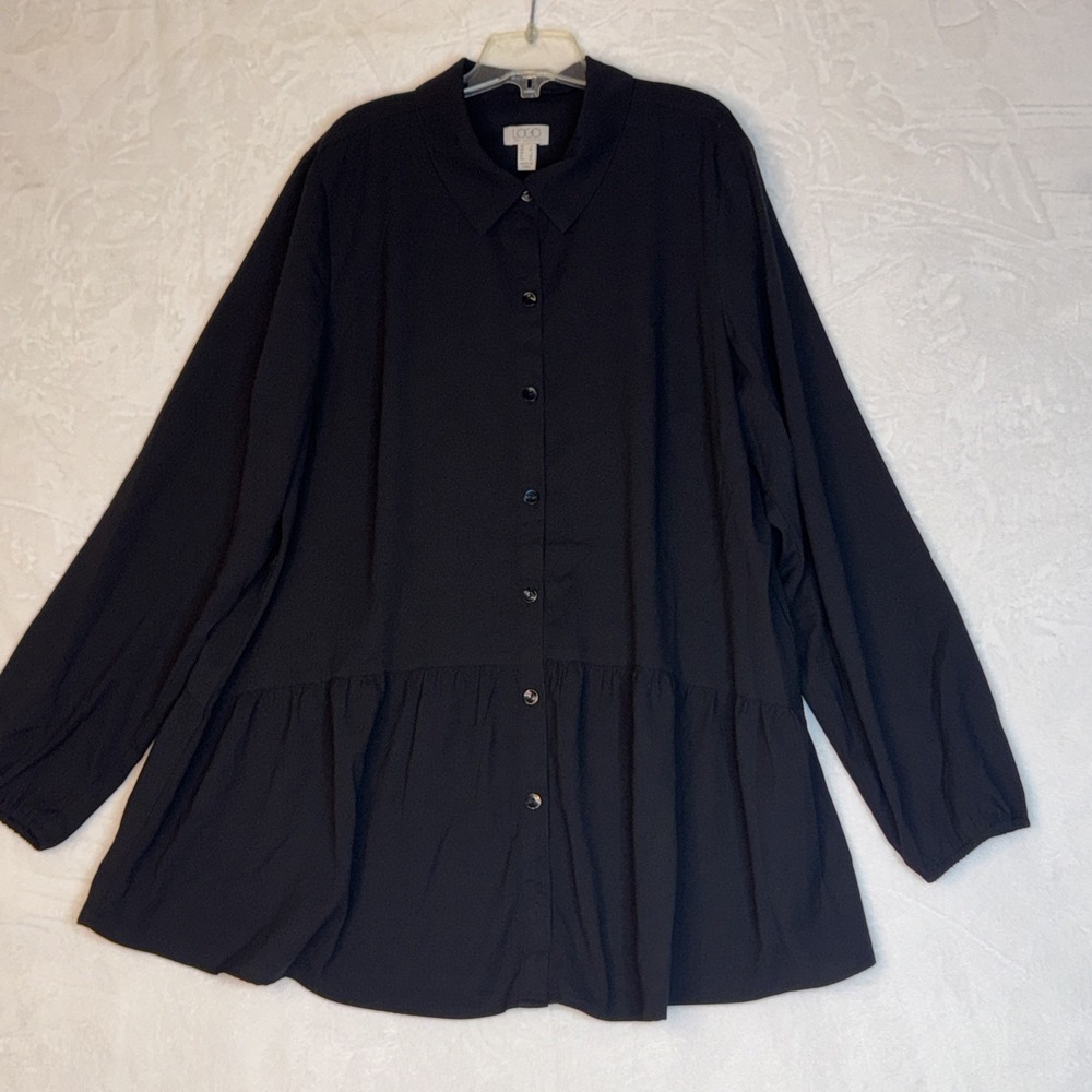 LOGO Lori Goldstein Blouse Long Sleeve Shirt Button Up Black Sz Large